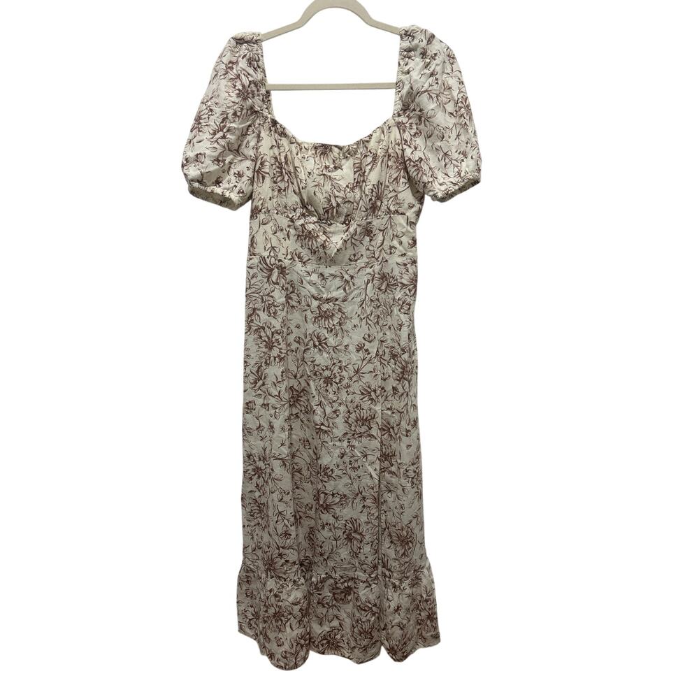 London Times Brown Tan Smocked Puffer Sleeves Linen Blend Maxi Dress 10 *Flaw